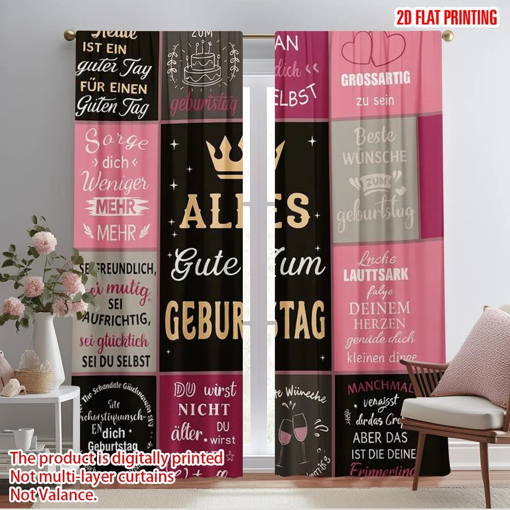 2pcs,2D plane printing Creative Curtains Birthday Wishes Quilt Polyester Easy Install (without rod) Art Deco Festive Perfect for