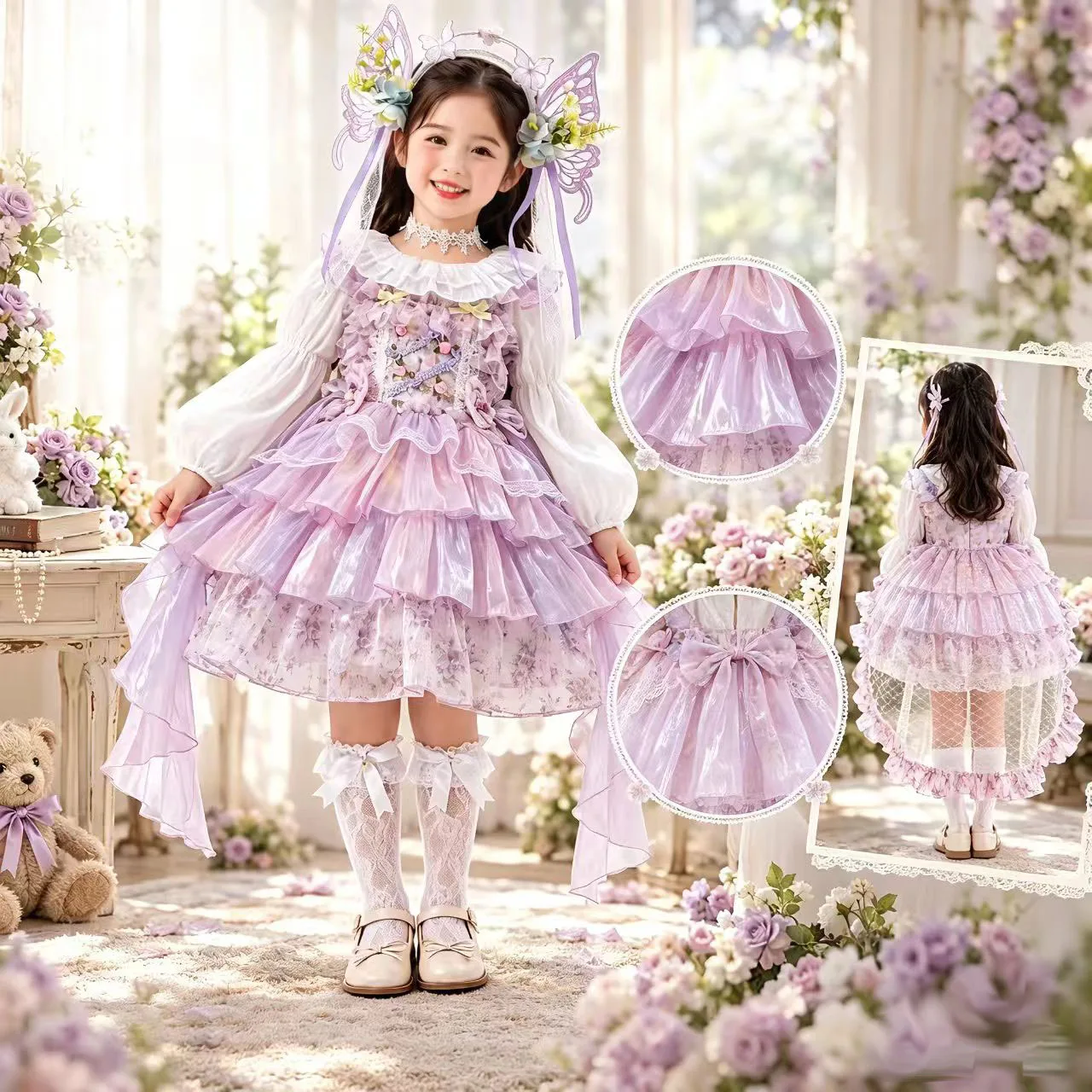 Girls Spanish Backless Sundress Floral Lace Bow Embroidery Dress Toddler Princess Lolita Ball Gown Infant Birthday Party Clothes
