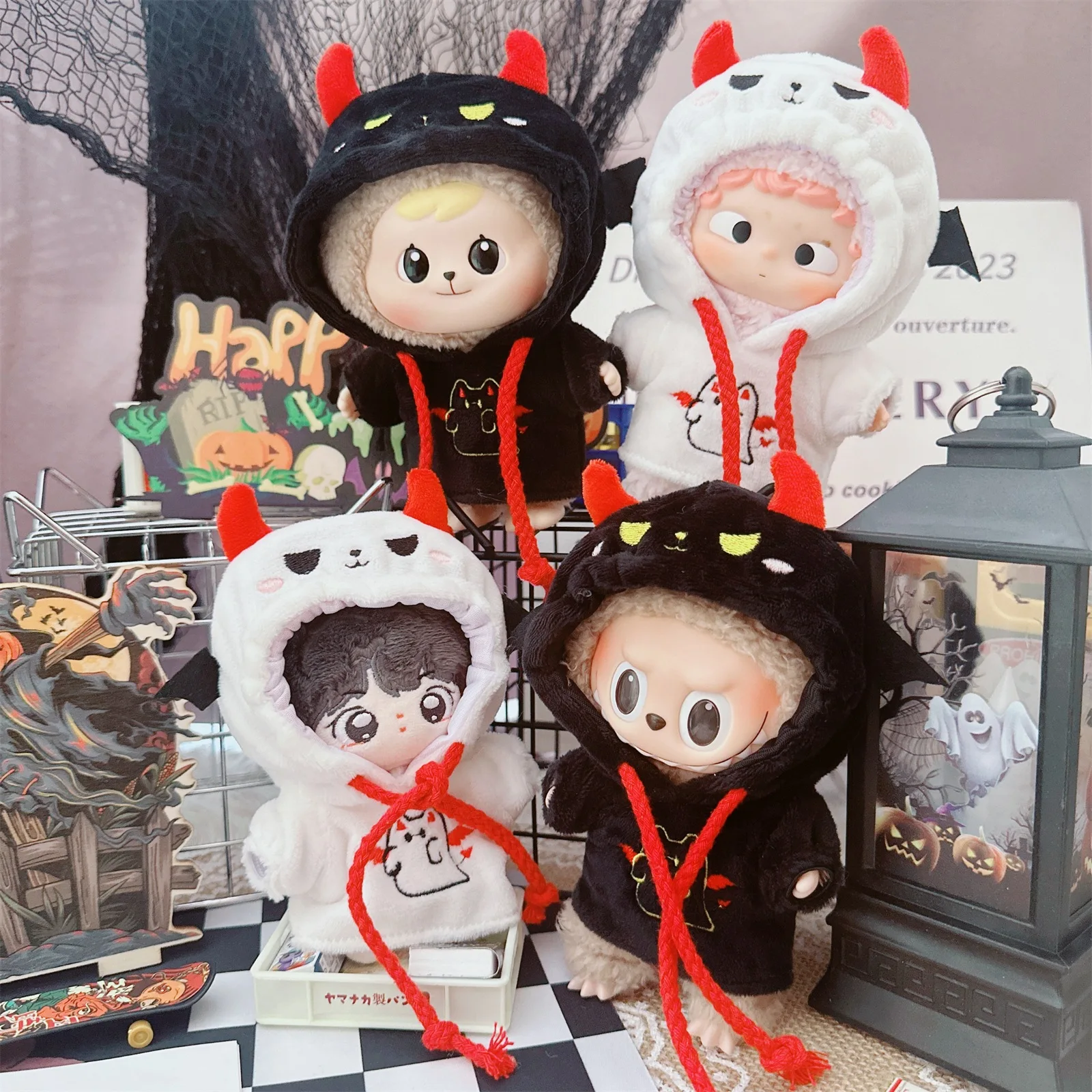 10cm New Halloween Ghost Black White Hoodie Coat Plush Doll Clothes Kawaii Soft Dress Up Idol Doll Clothes for Girls Kids Gifts