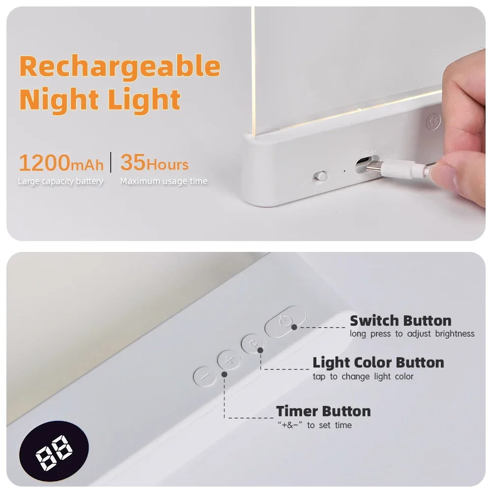 Lámpara de Lectura, Luces LED, Lámparas de Lectura LED Planas Recargables, 3 Colores y Temporizador, Lámpara de Panel Regulable