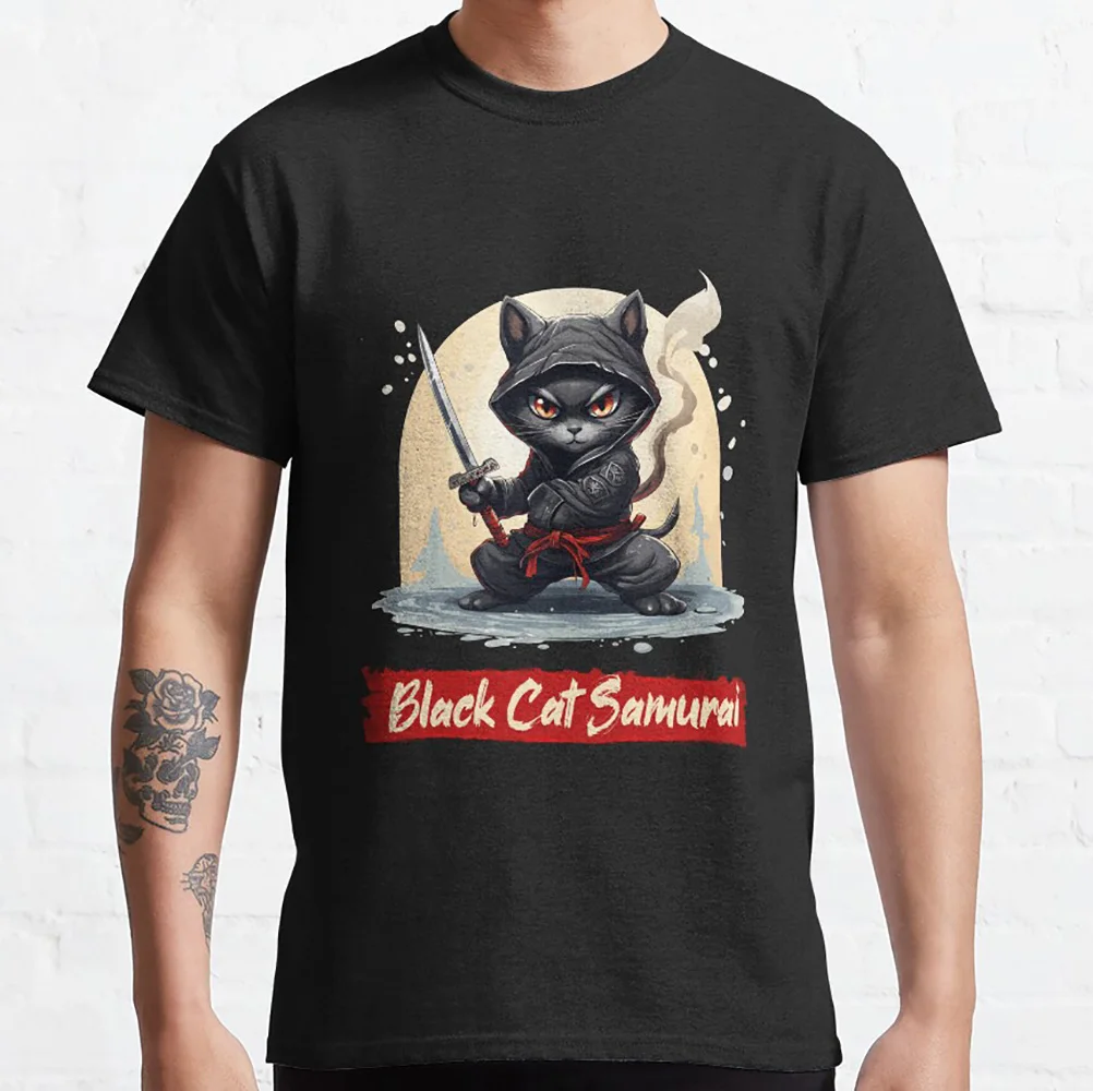 

Black Cat Samurai Japanese cats Gift t-shirt 100% cotton printed graphic clothing short-sleeved tops All size tops S-6XL
