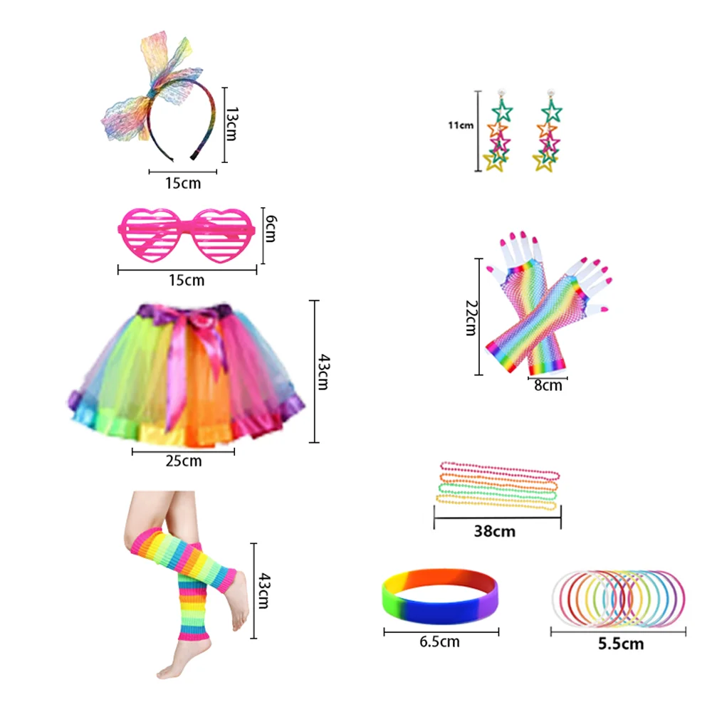 PESENAR Women Neon Polyester Costume Accessories Necklace Gloves Leg Warmers Tutu Skirt Set 80s Party Accessory for Women Girls