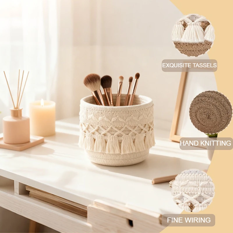 

Bohemian Fashion Makeup Brush Holder Woven Tassel Desktop Storage Basket Suitable for Desktop Organization and Bedroom Storage