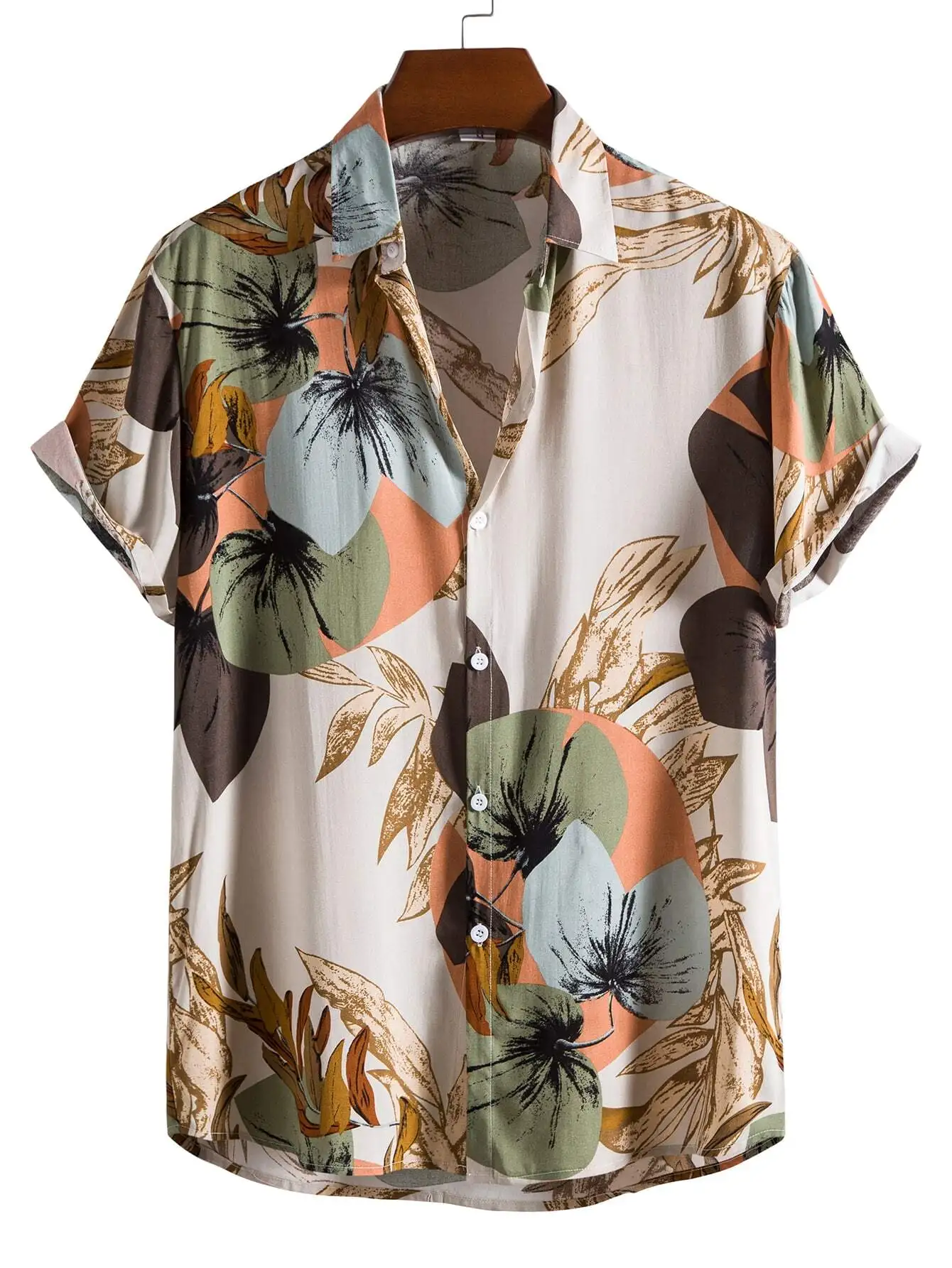 

Men's Short Sleeve Button-Up Shirt with Tropical Leaf Print, Loose Fit, Lightweight Fabric