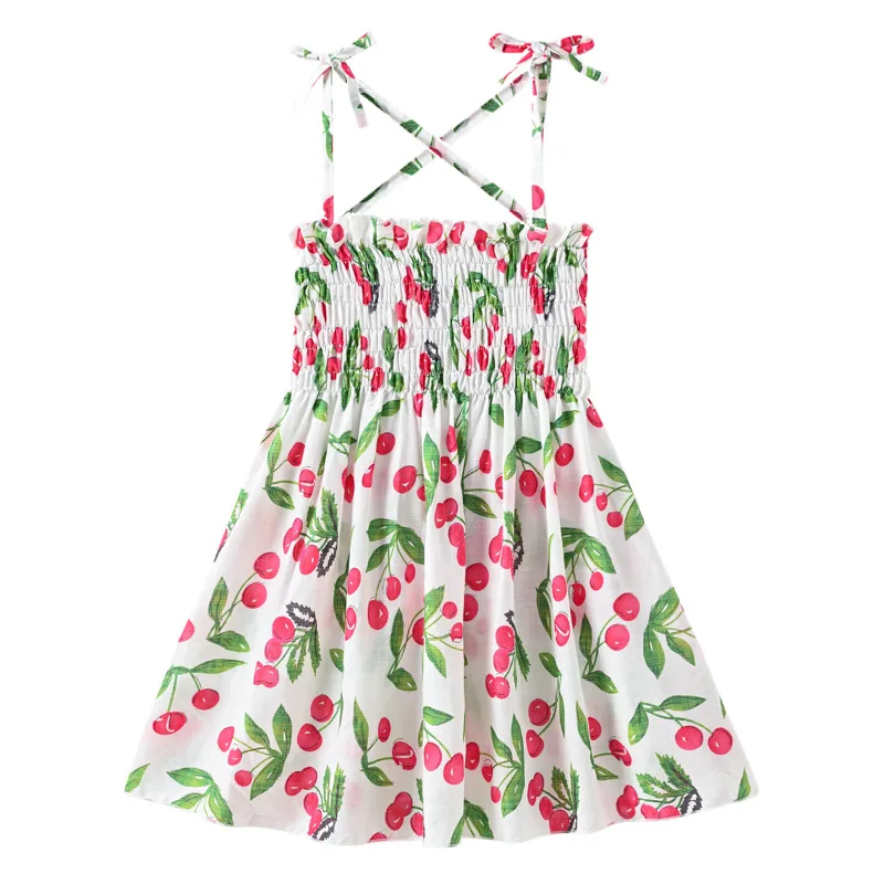 New 2025 Girls Summer Thin Strappy Dress Sweet Cartoon Floral Print Sleeveless Princess Beach Sundress Casual Vacation Dresses