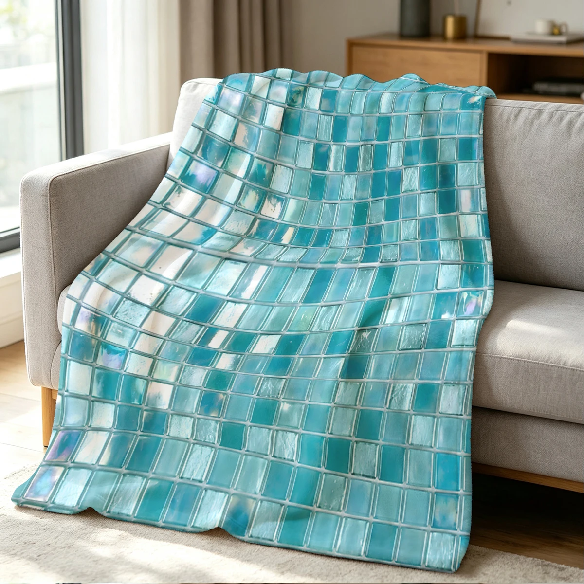 Blue Mosaic Tiles Flannel Blanket Warm Soft Halloween Christmas Couch Warm Cozy Decorative Decor Gift for All Season