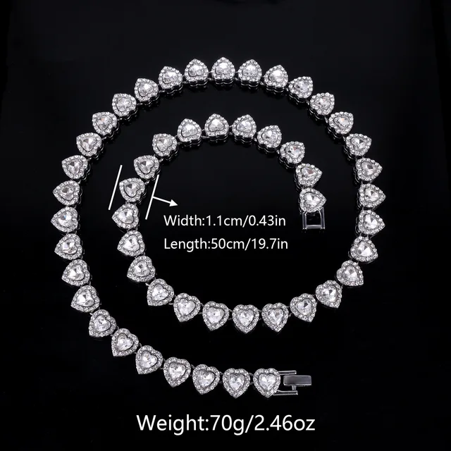 Yupsk 45CM/20CM Shiny Heart Rhinestone Hip Hop Rock Tennis Chain Bracelet Necklace for Women Men Trendy Jewelry Set Gift 6