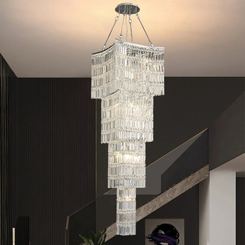 Big Luxurious Crystal Chandeliers Long Spiral Stairway Chandelier Lights Fixture LED Modern Droplight European Hanging Lamps