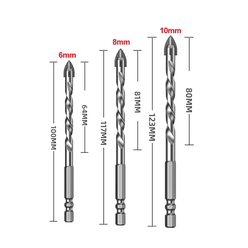 Cross Hex Tile Drill Bit For Glass Concrete Ceramic Tile Hole Opener Tunsten Carbide Hard Alloy Bits Set Tools 6/8/10mm
