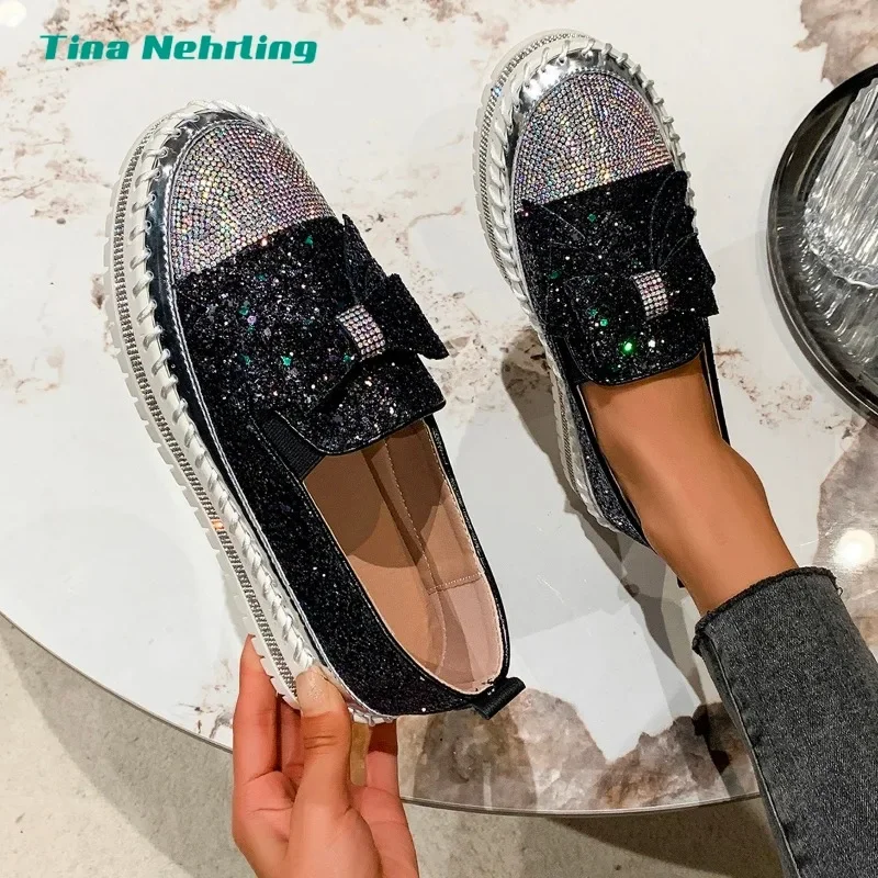 Nieuwe Vrouwen Shining Rhinestone Loafers Strik Slip-on Dikke Botton Casual Dames Mode Schoenen Vrouwelijke Platform Sneakers Sport