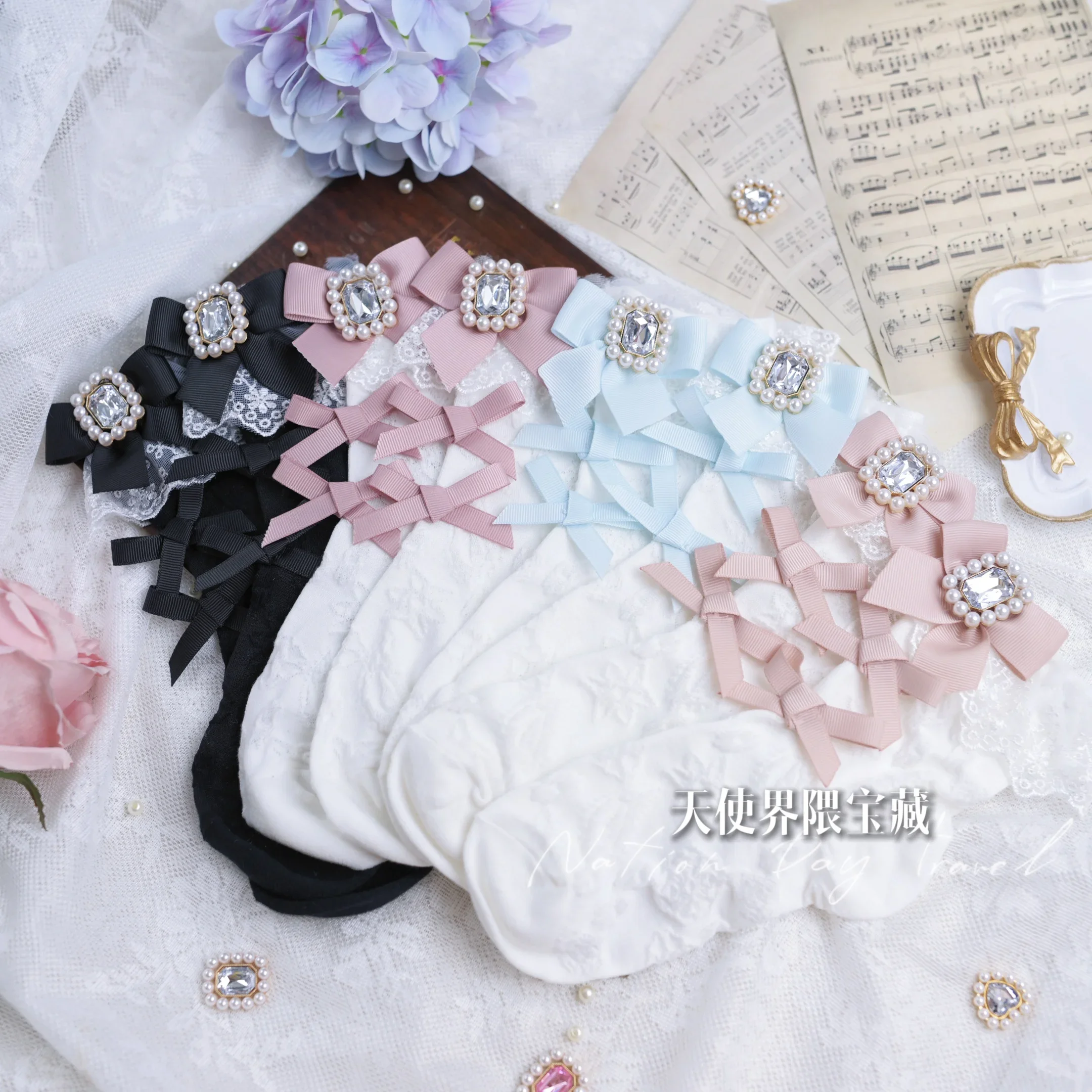 Japanese Liz Socks Mine Series Mass Production Short Sock Pearl Rhinestone Lolita Cotton Socks Sweet Girl Kawaii White Socks