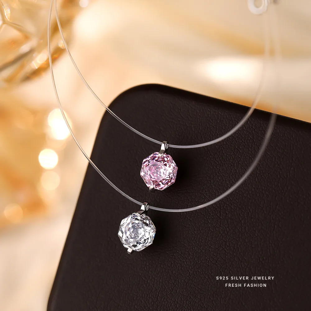 

1CT Moissanite Pendant Necklaces Lab Diamond D VVS1 Choker Transparent Fishing Line Chain Jewelry Gift Colar de Prata