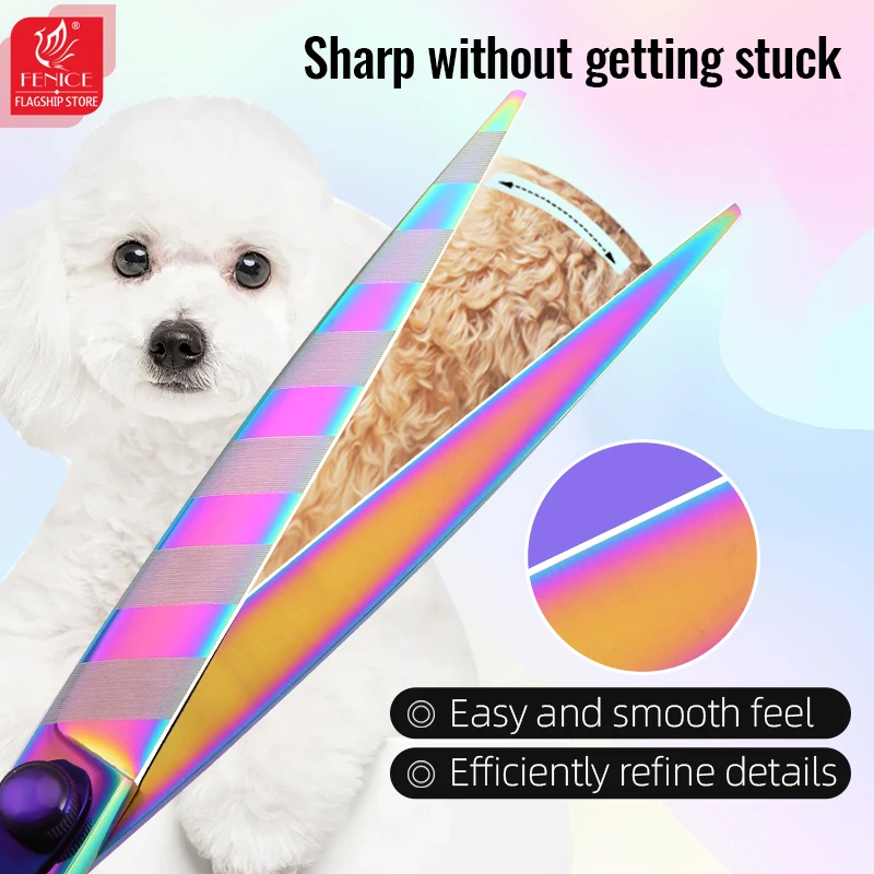 Fenice Dog Scissors Professional 8 inch 3 Hole Handle Swivels Rainbow Flip Stripe Straight Curved Pet Grooming Scissors JP440C