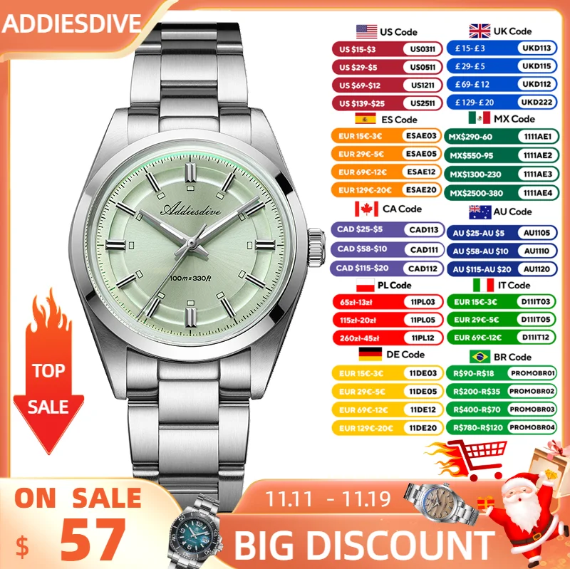 Addiesdive جديد ساعة رجالية فاخرة مقببة زجاج 36 مللي متر كوارتز ساعة اليد 100 متر مقاوم للماء سوبر مضيئة الفولاذ المقاوم للصدأ VH31 ساعة