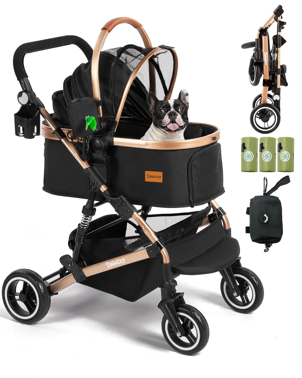 Dog Stroller for Medium Dogs Up to 52 Lbs, Cats Stroller for 2 Cats, 3 in 1 Pet with Bag Holder Leashes, 3-Roll Poop Bags, 600D