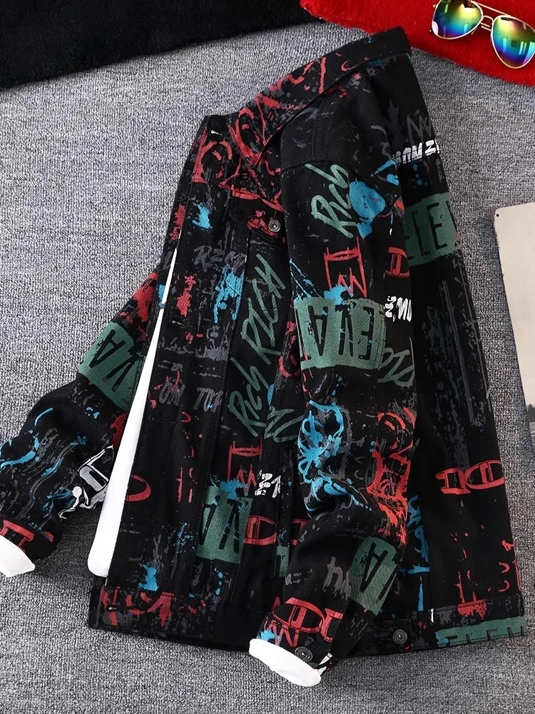 Casual Loose Men's Denim Jacket Spring Autumn Trendy Graffiti Style Youthful Popular Workwear Jacket Anti-Wind Long Sleeve