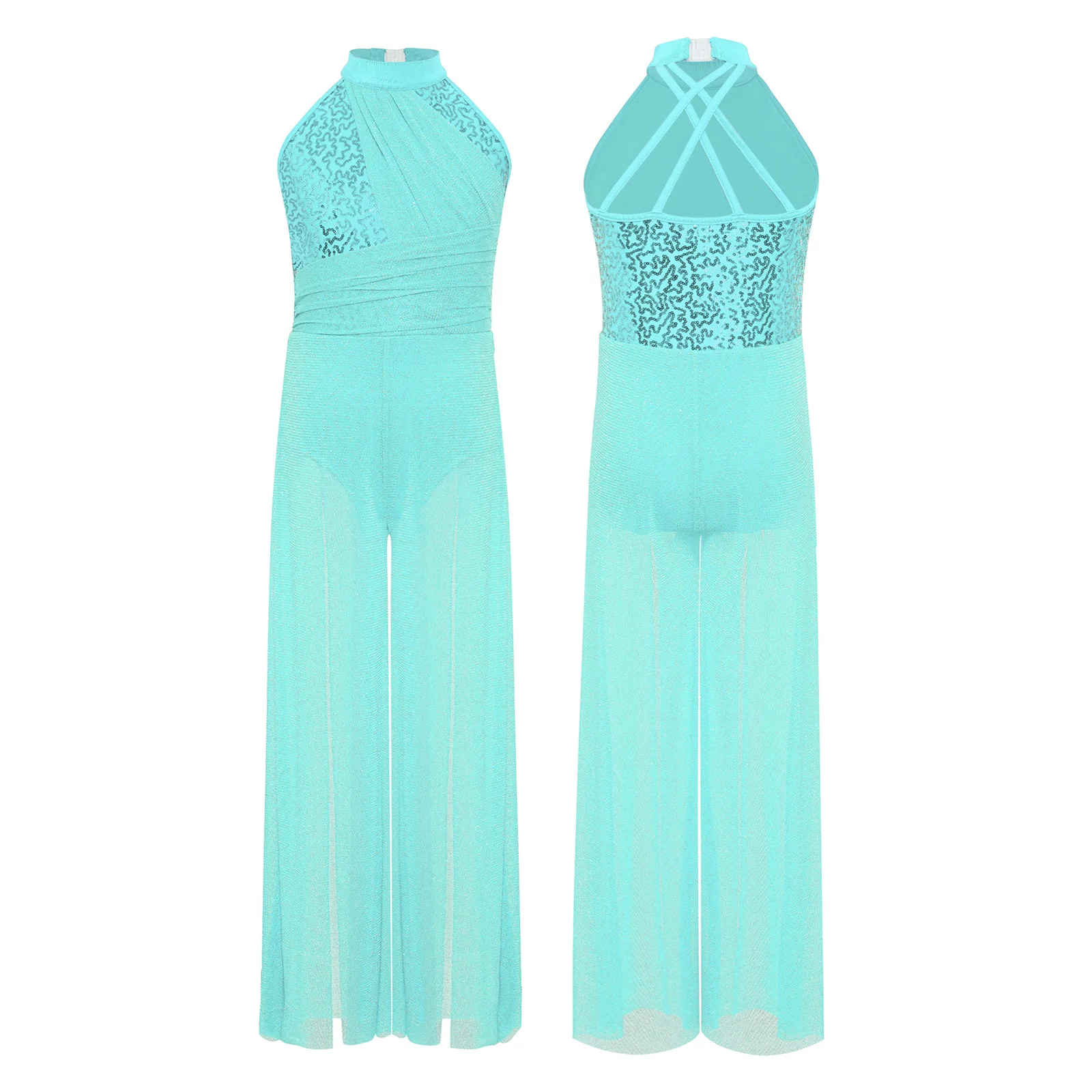 Kids Girls Lyrical Crisscross Back Jumpsuit Sleeveless Mock Neck Shiny Sequins Shimmery Mesh Split Wide-Leg Dance Bodysuit