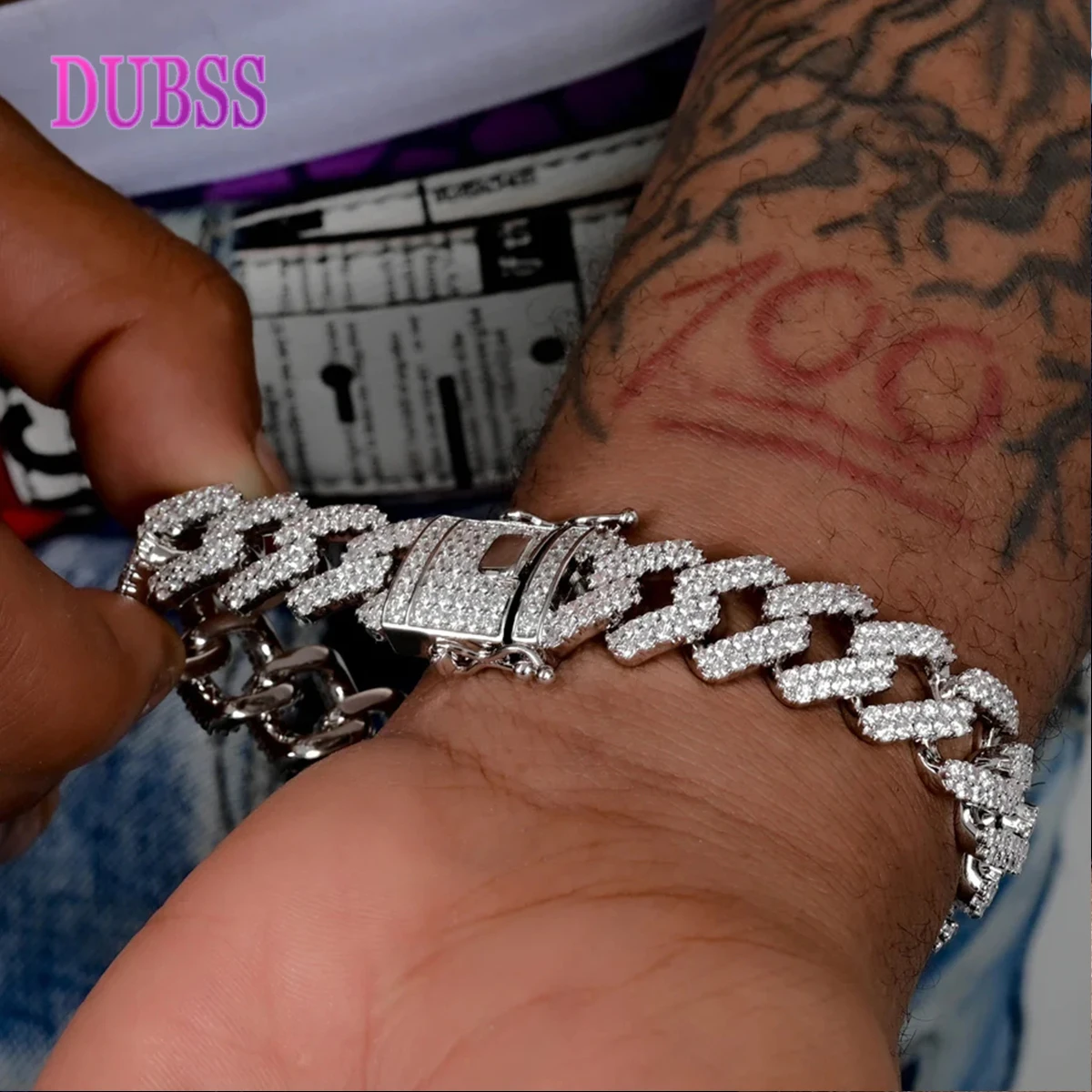 

Dubss 14mm Miami Cuban Link Prong Bracelet Gold Color Iced Out Cubic Zirconia Rock Hip hop Style Men's Jewelry