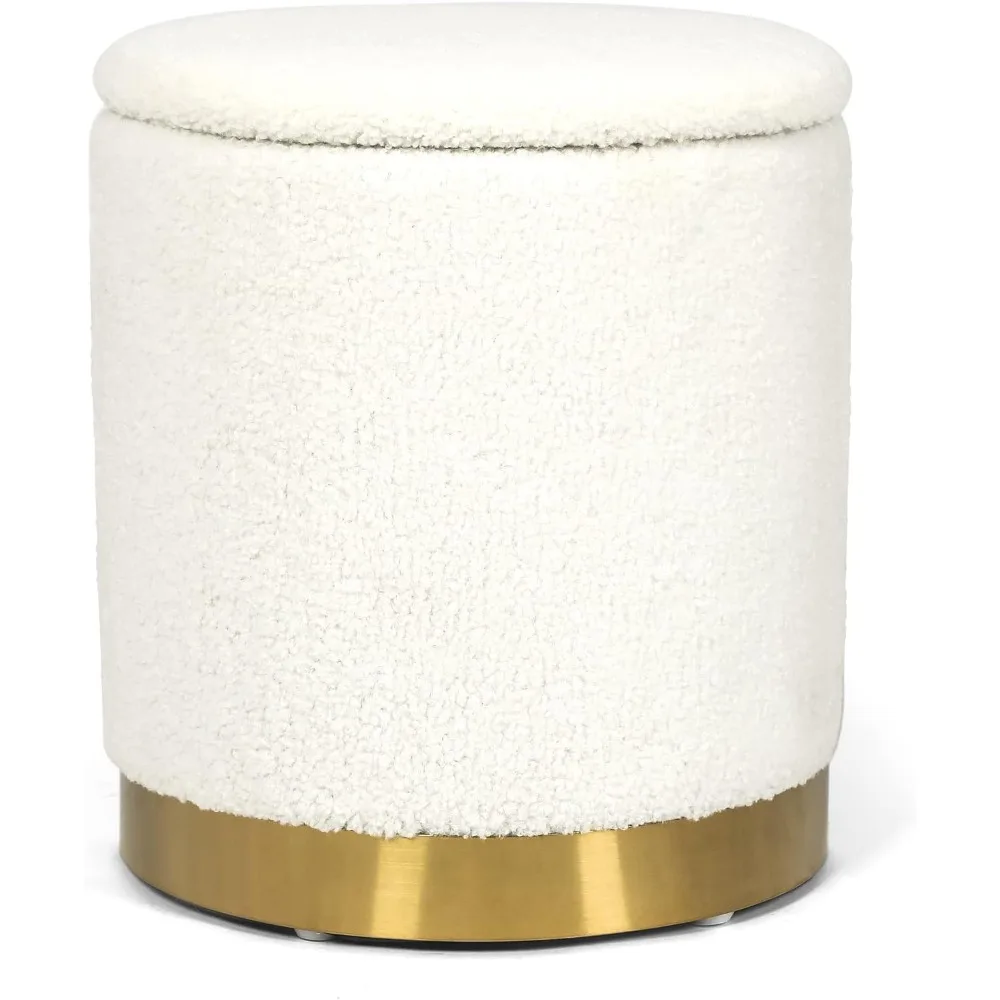 

Bouclé Round Storage Ottoman - Small Upholstered Footrest with Gold Base & Removable Lid, for Living Room or Bedroom