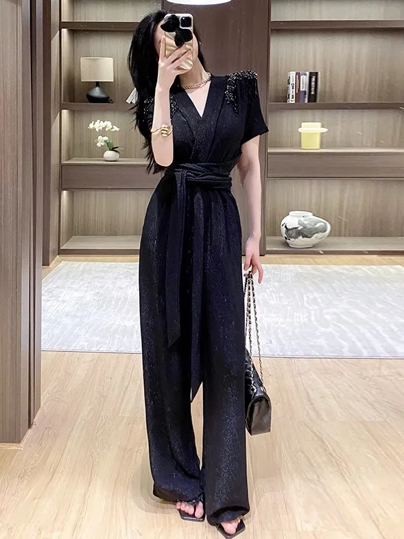 

Summer 2025 Sexy V-Ne Slimming ort Sve One-Piece Pants Women's High Waist Wide Leg Pants High Quali Bead Embellied
