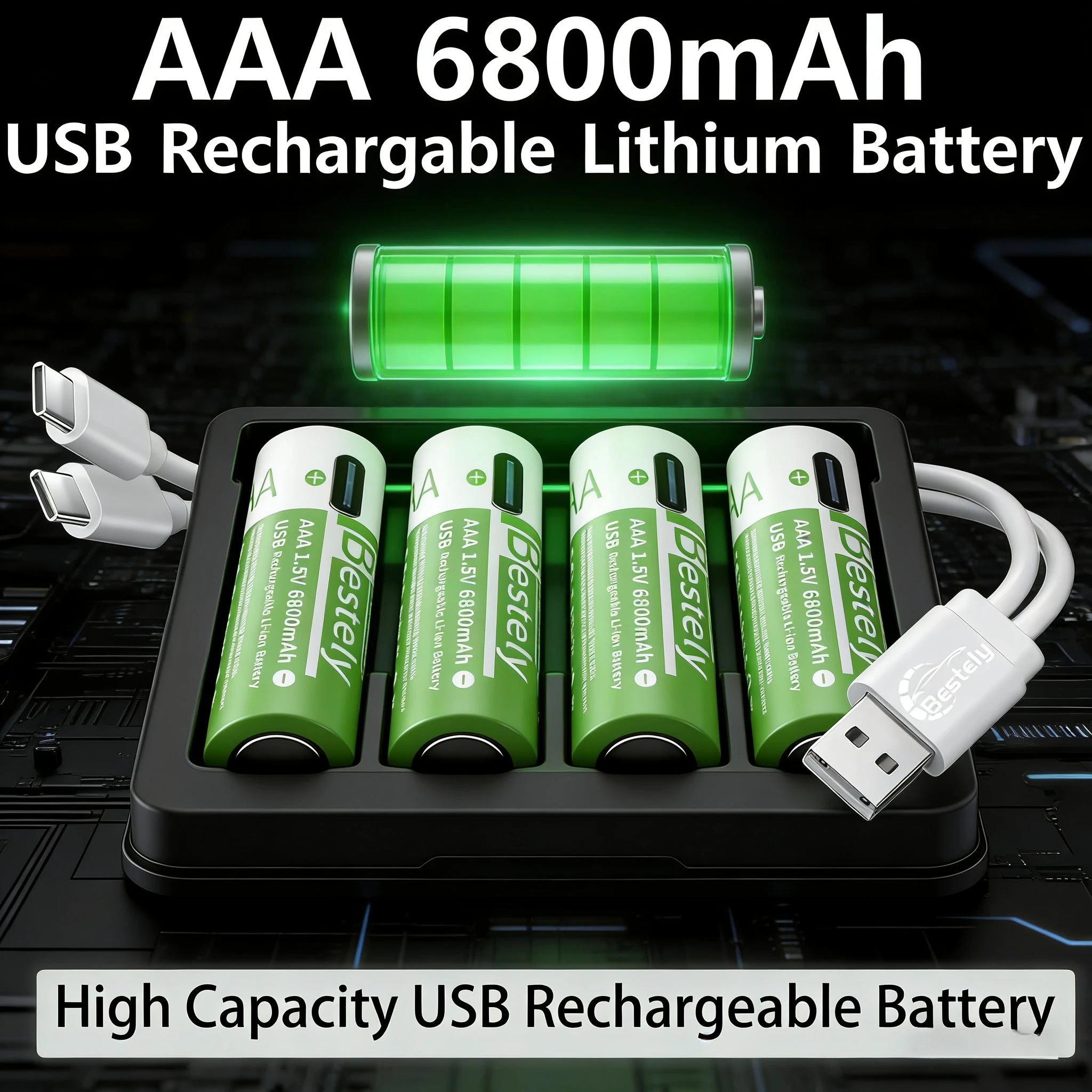 

New 1.5v AAA Rechargeable Lithium Batteries 6800mAh Capacity,Type-C USB AAA Li-ion Battery 2000 times cycle with cable for free