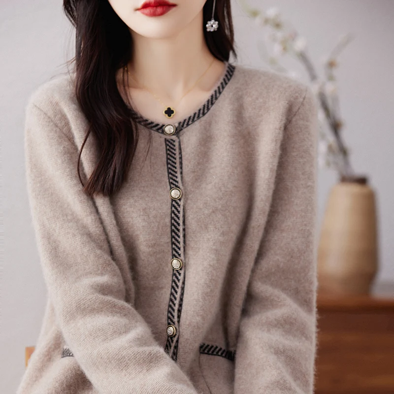 Autumn/Winter Thick Knitted Coat 100% Merino Wool Round Neck Tops Women\'s Fashion Korean Casual Contrast Cardigan Warm Jacket