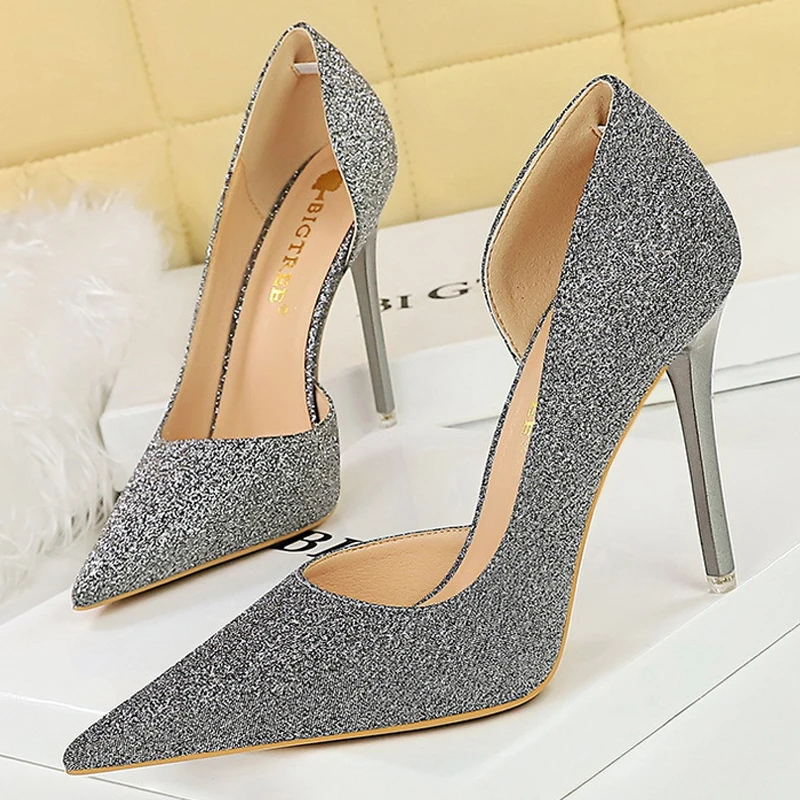 BIGTREE Shoes Retro Women Pumps Sequin Cloth Shine High Heels Pointed Stilettos Heels Sexy Party Shoes Ultra-high Heel 11cm Pump