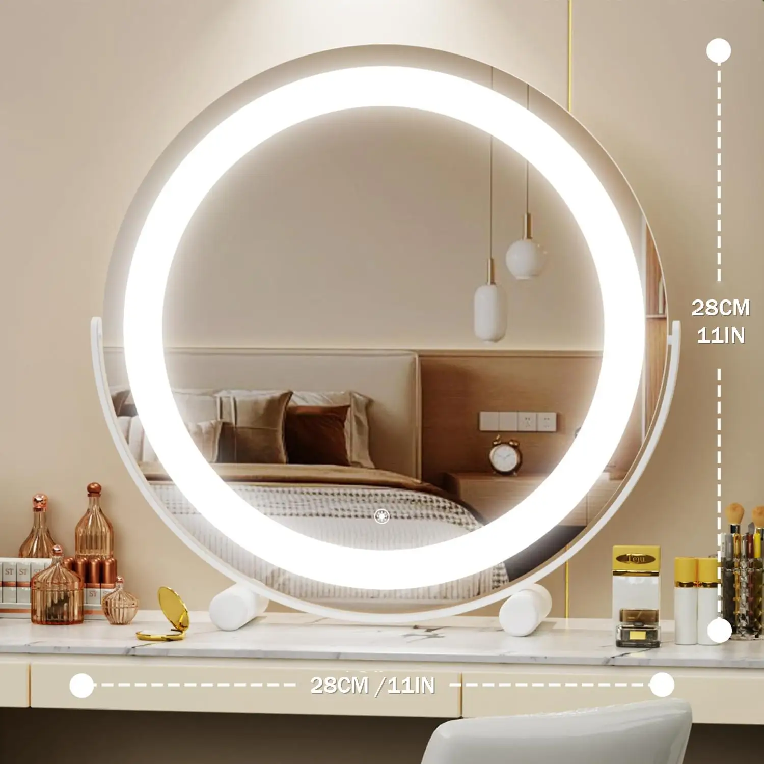 Vanity Mirror with Lights Makeup Mirror 3 Color Lighting Modes, Vanity Mirror Round Mirror for Bedroom,Touch Control,Tabletop