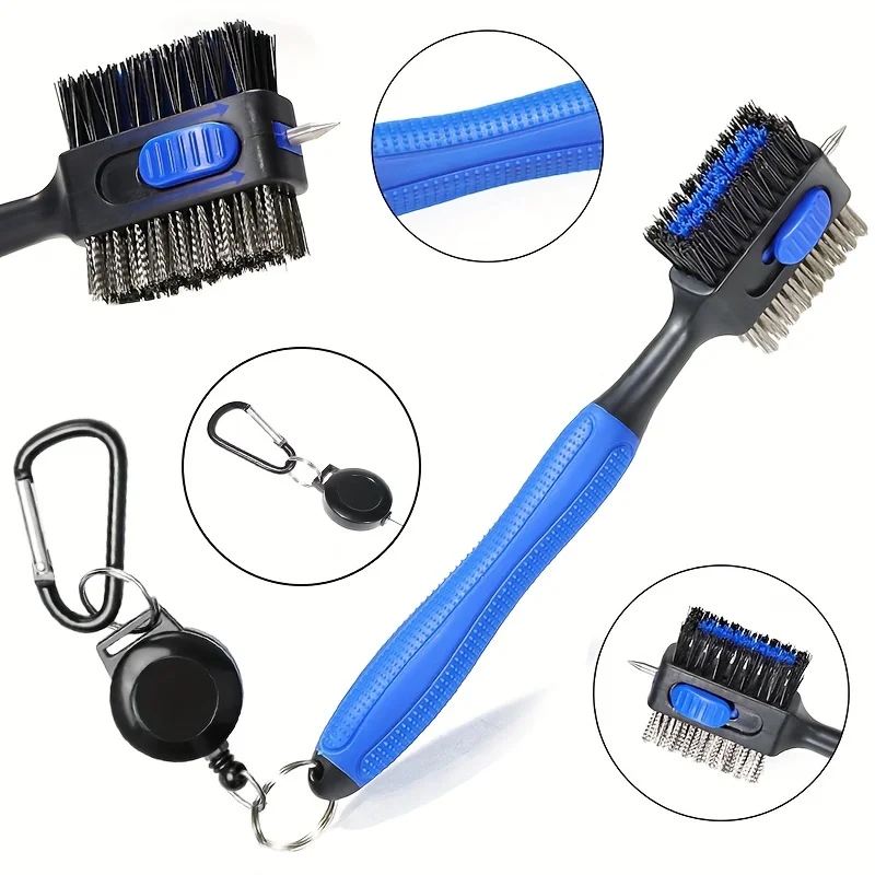 Dual-Sided Golf Club Cleaning Brush Retractable Groove Cleaner with Carabiner 2-in-1 Wire & Nylon Brush for Irons Drivers Wedges