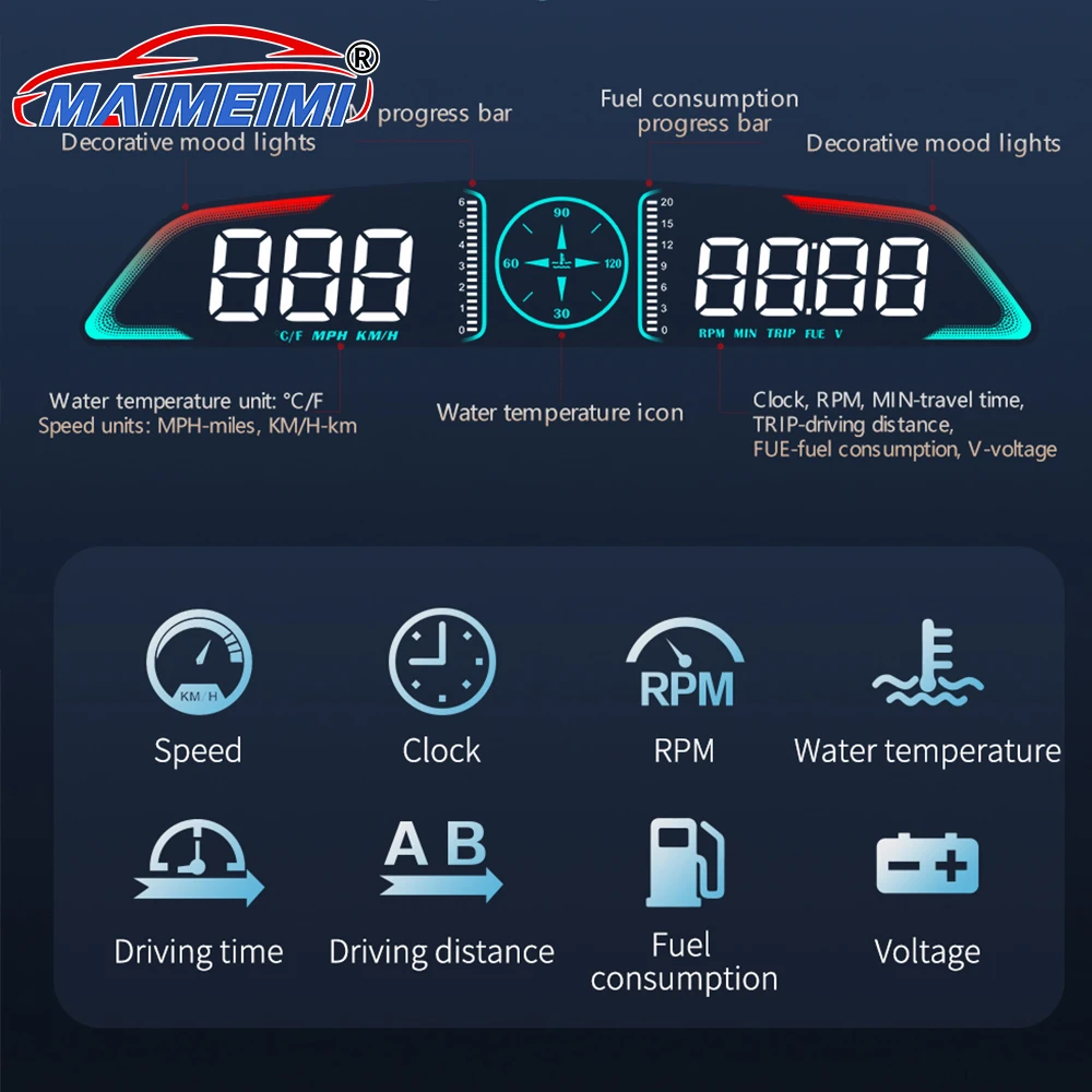 B3 Speedometer Head Up Display Water Temperature Tachometer RPM Fuel Consumption Volt Meter Gauge On-board Computer OBD2 HUD