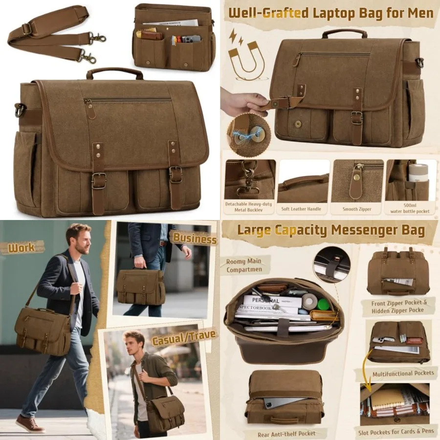 

RAINSMORE Mens Messenger Bag 17-17.3 Inch Vintage Canvas Briefcase Water-resistant Large Computer Laptop Bag Rugged Satchel Sho