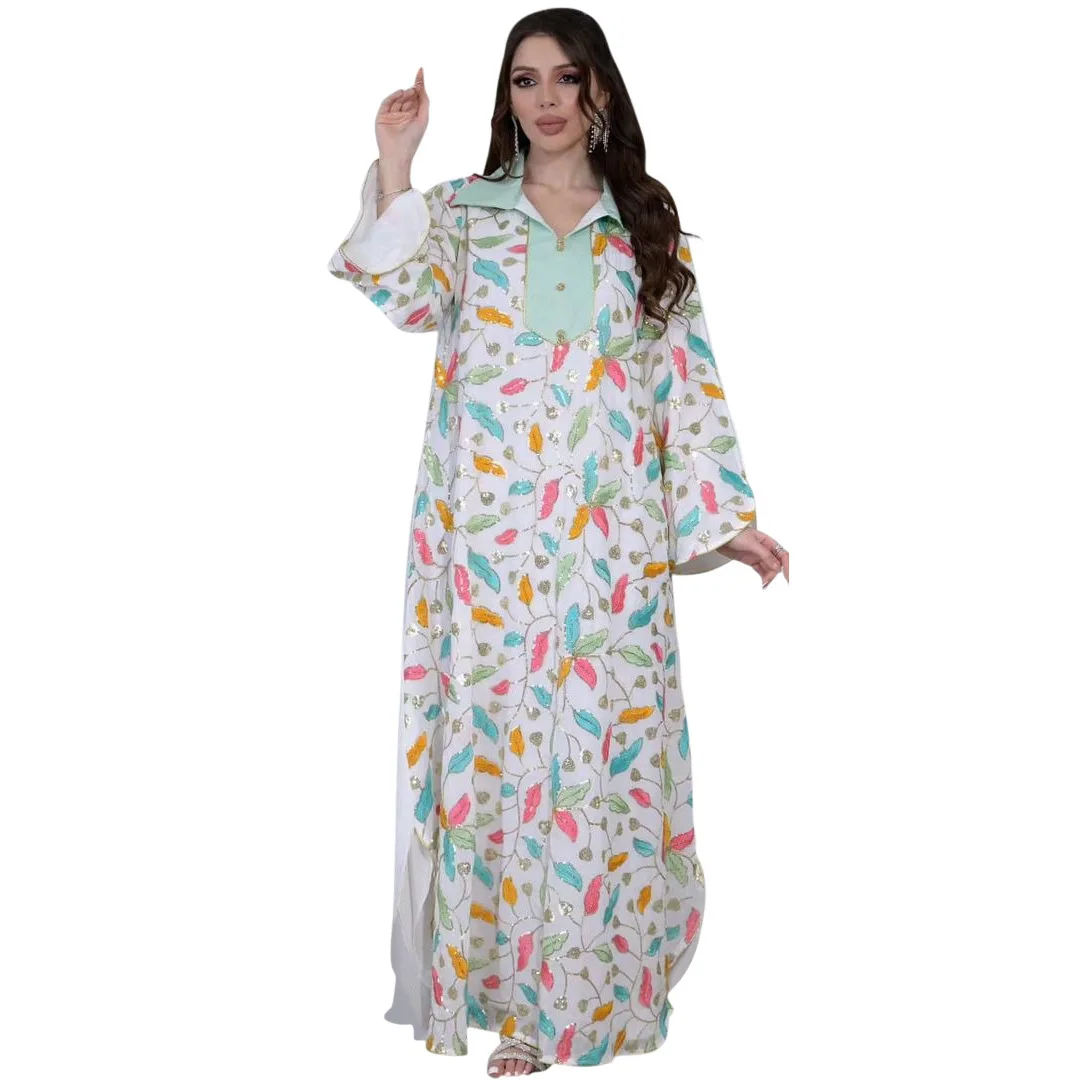2025 Muslim Beaded Embroidery Women Abaya Ramadan Morocco Long Sleeved V-neck Party Dress Eid Dubai Loose Casual Robes Jalabiya