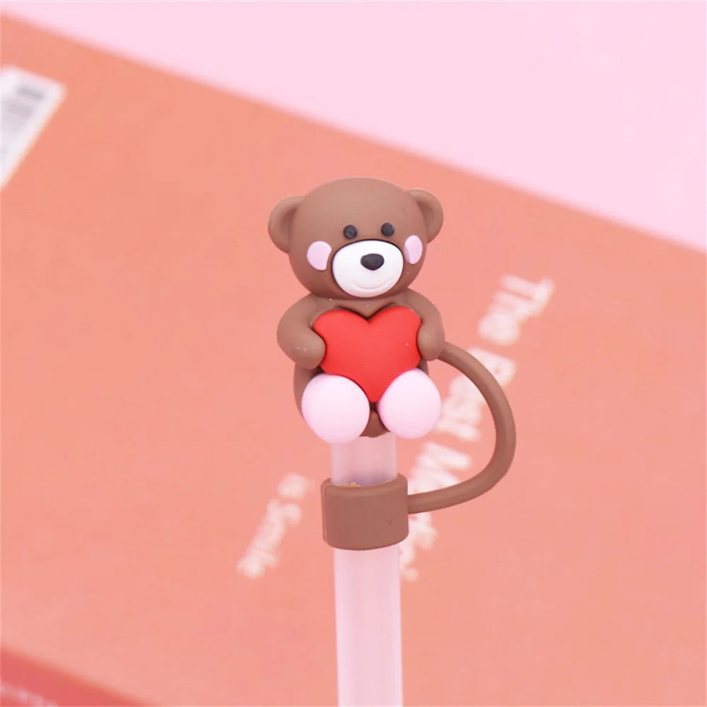 Cute Bear Kawaii Hearts Straw Cover Caps 10mm Straw Toppers Tumbler Silicone Dust-Proof Straw Tip Cover For Stanley Cups