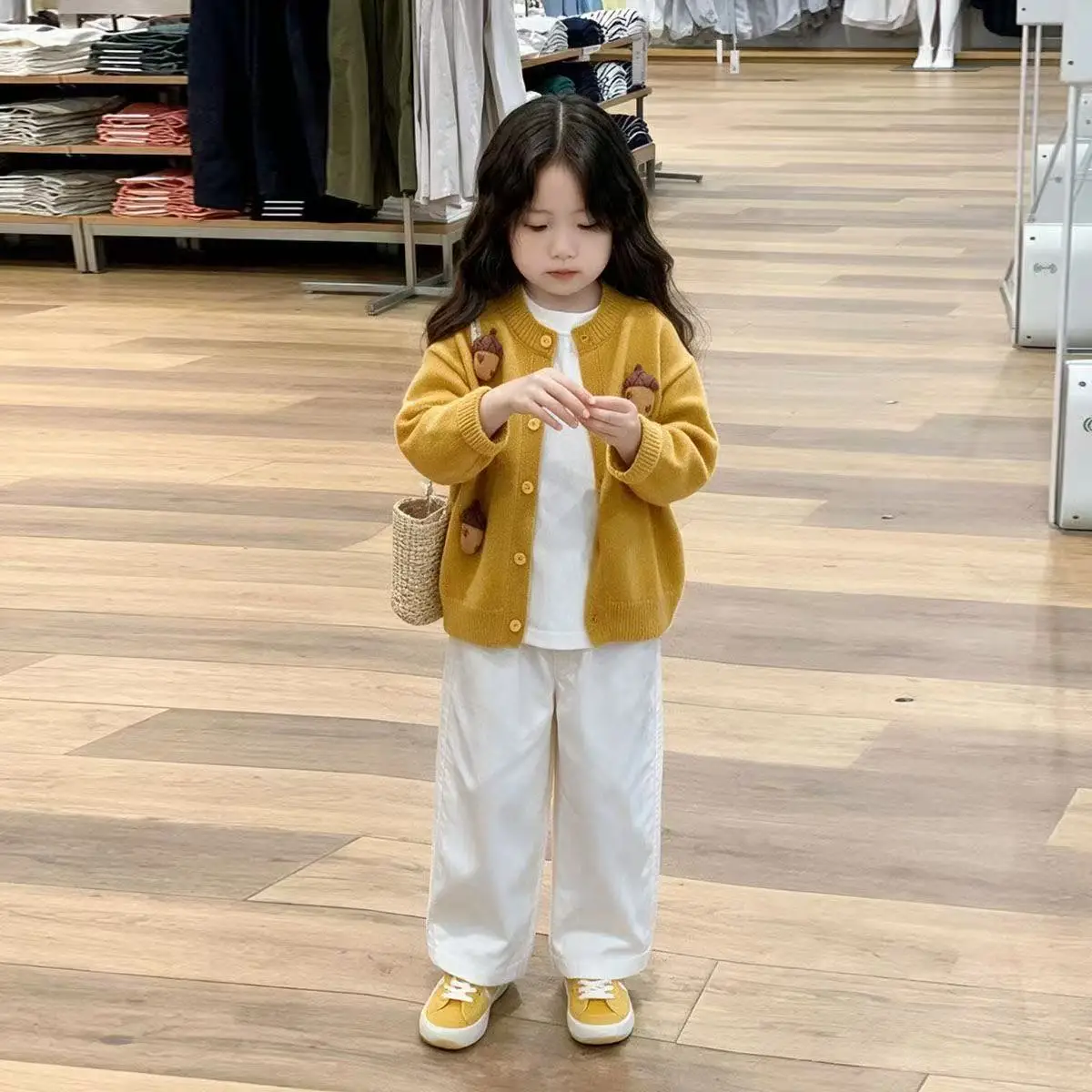 Girls 3D Knitted Cardigan And Pants Set Spring Autumn Baby Toddler Yellow Sweater Coat White Straight Trousers Two-Piece Set