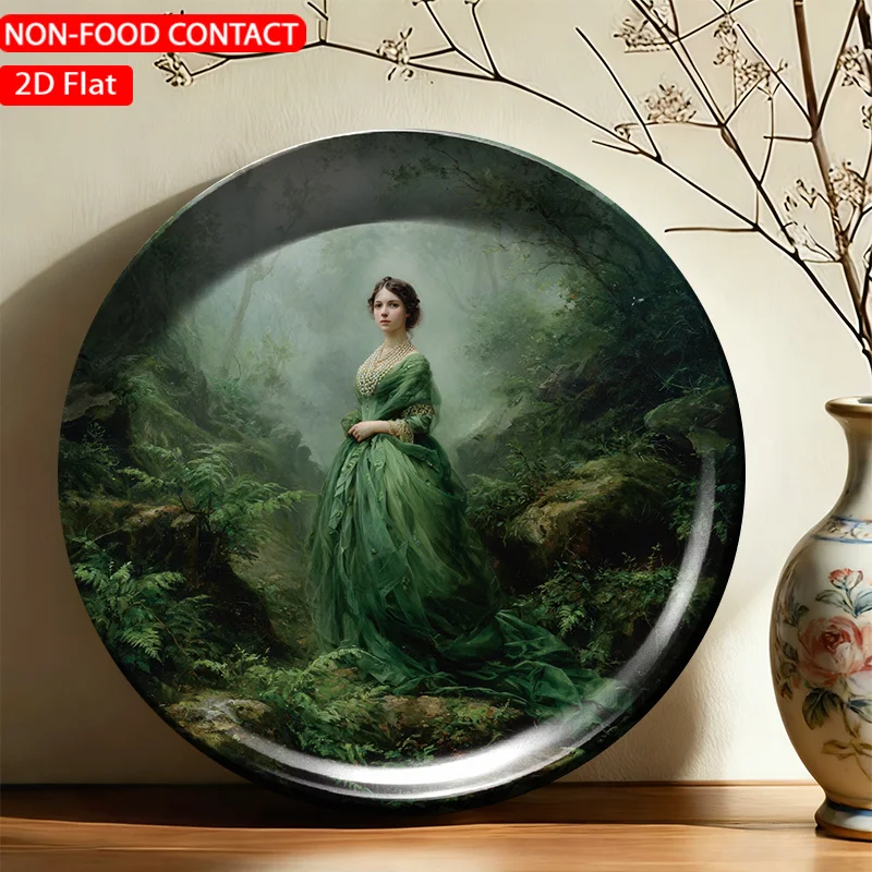 1pc Ceramic Decorative Plate, Green Lady in Misty Forest Art Decorations, Wall Home Decor - for Decorative Purposes Solely,