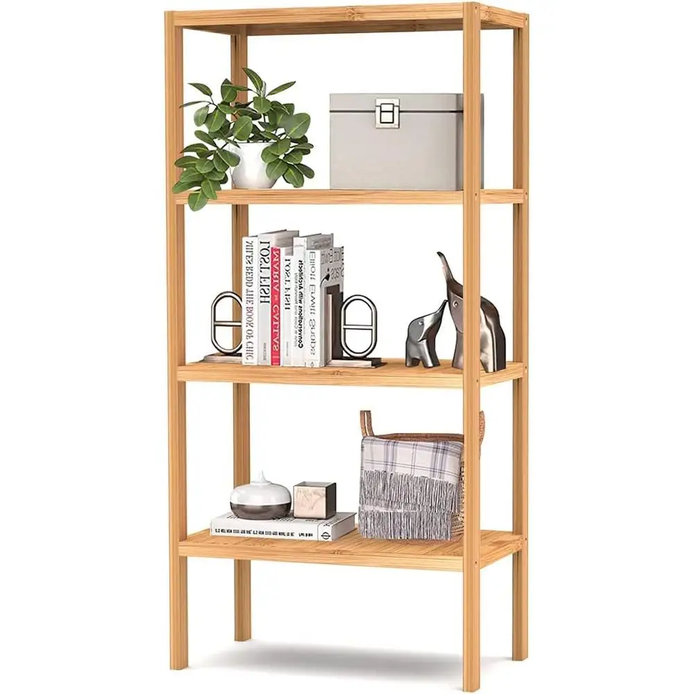 4 Tier Bamboo Storage Shelf Freestanding Bookcase Bathroom Kitchen Organizer Sturdy Moisture Resistant Space Saving Rack