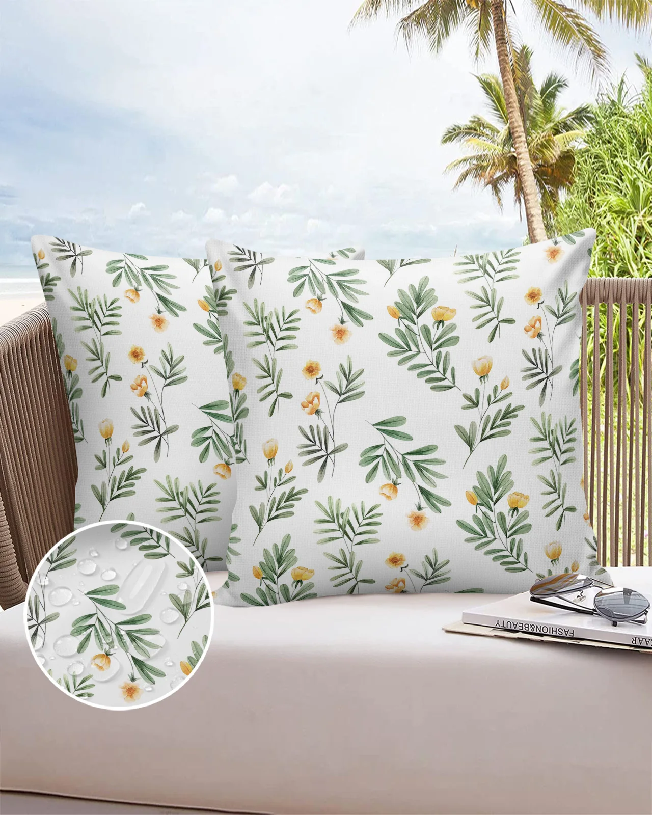 2/4PCS Outdoor Garden Chair Waterproof Cushion Cover Spring Yellow Flower Green Leaves Home Decor 40/45/50/60/66cm Pillow Case