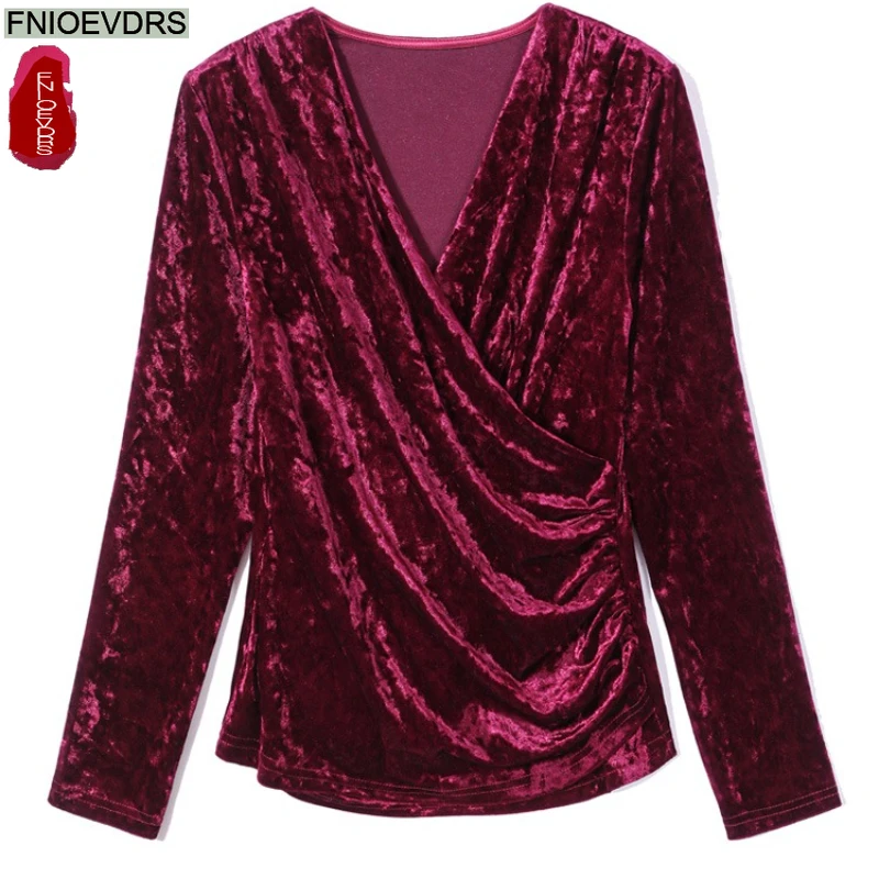 Zwart Paars Fluwelen Tops Blouses Nieuwe Mode Vrouw Herfst Lange Mouw Elegant Office Lady V-hals Effen Bling Gedrapeerde Basic Shirts