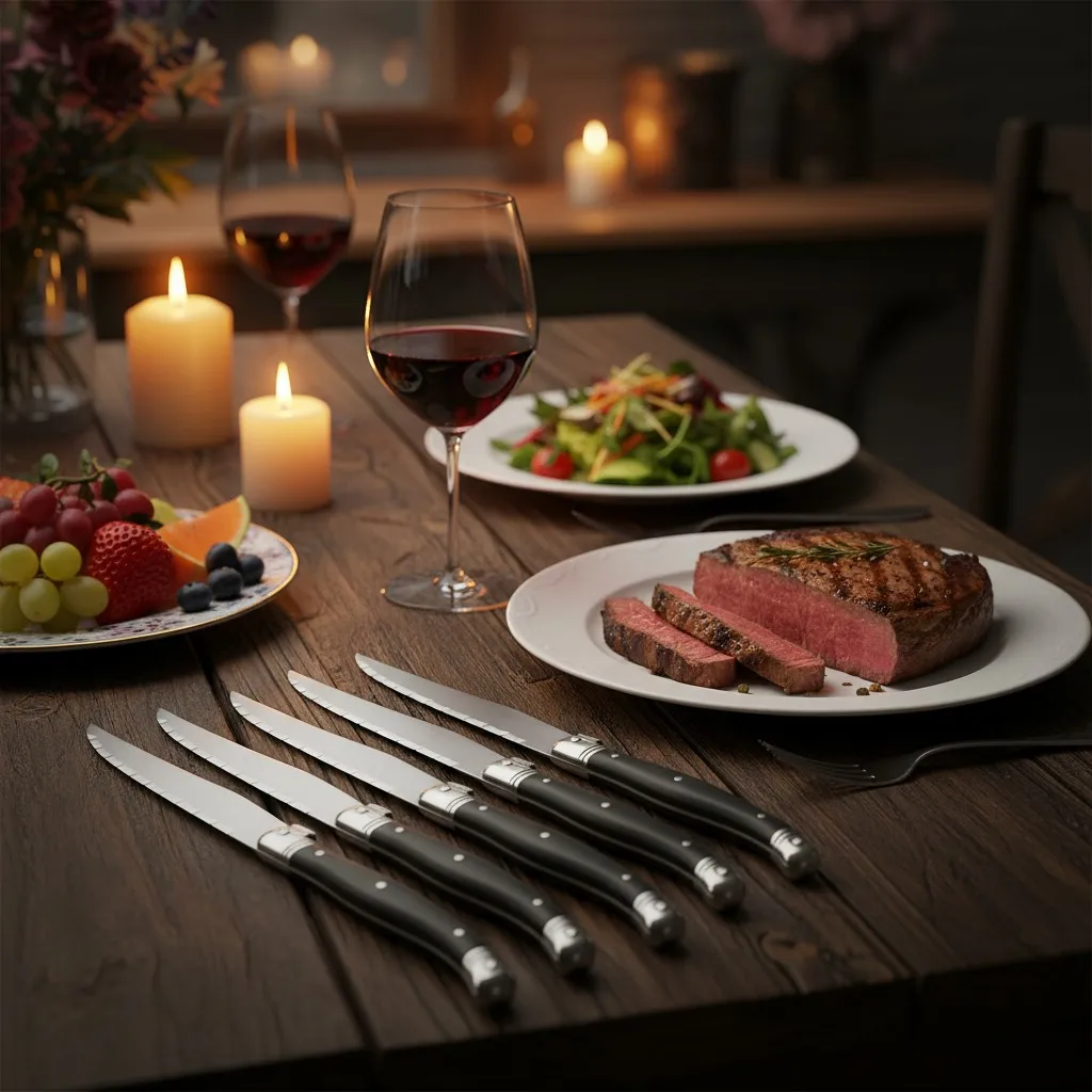 1/4/6/8 PSteak Knife Set, Stainless Steel Blades, Durable Serrated Knives, Black Handles Sharp Suitable For Family And Party Use