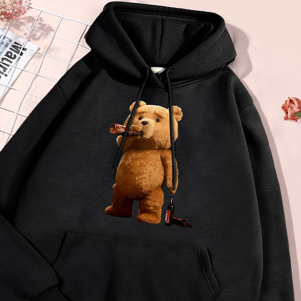 Lovely Ted Bear Drink Beer Poster Print Hoodie Men Cartoon Funny Animal Hoodies Casual Fleece Sweatshirt Simple Hoody Loose Tops