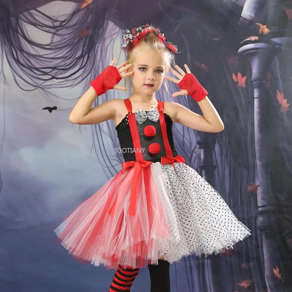 

2024 Creepy Clown Girls Children Cosplay Costume Halloween Costume Holiday Party Clown Girl's Dress Carnival Princess Dress Up