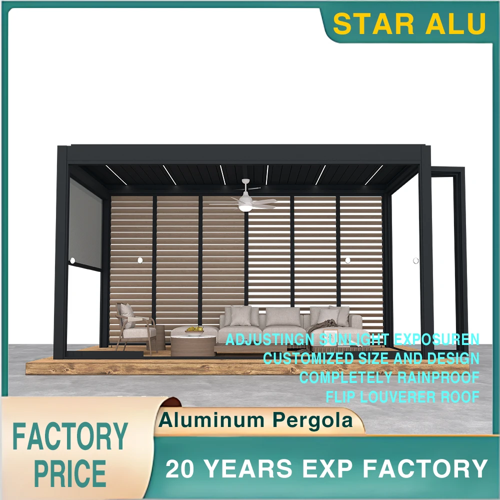 Motorized Aluminum Bioclimatic Pergola with Sliding Glass Doors and LED Lights for Villa Garden or Balcony Sunshade