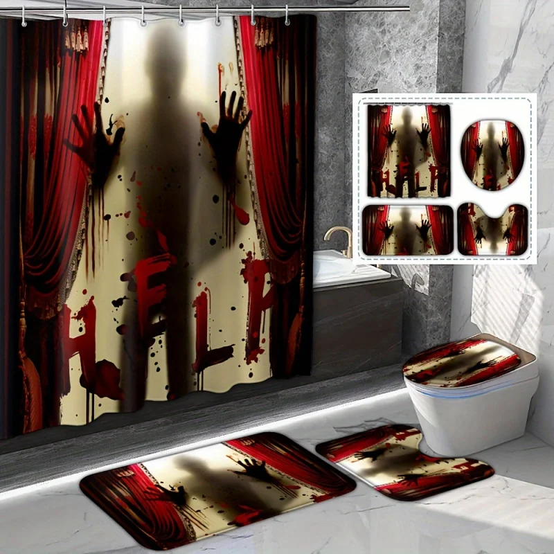 1/4pcs Ghost Shadow Pattern , Fall Autumn Bathroom Full Set Including Waterproof Shower Curtain, Non-Slip Mat,