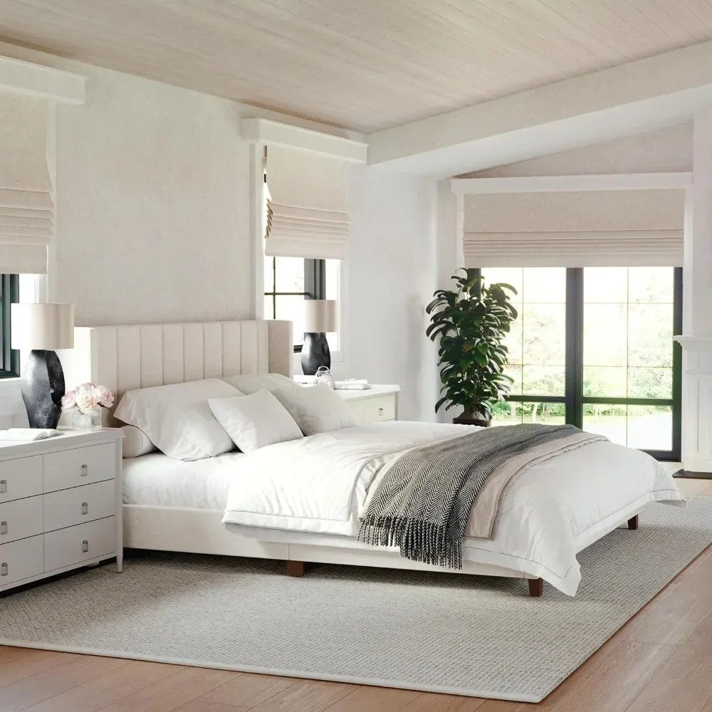 

Kay Low Profile Platform Bed with Wingback Headboard, Channel Stitched Faux Linen Upholstery, No Box Spring Needed