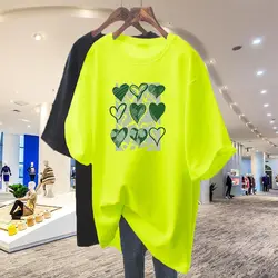 Women Clothing Fashion Love Printing Short Sleeve T-shirts Summer Casual Loose Cotton Basic O-neck Top Tee Oversized Pullovers