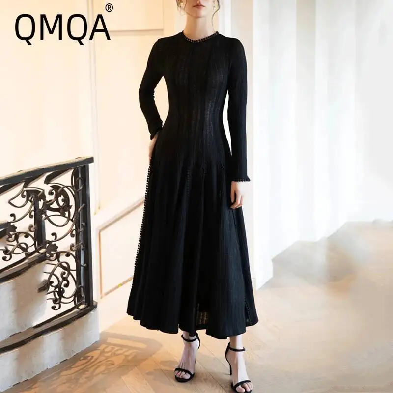 QMQA Fashion Women's Elegant Dress Dresses Hollow Mesh Splicing Waist Slimming Embroidery Lace Solid Color Big Swing Dress A768