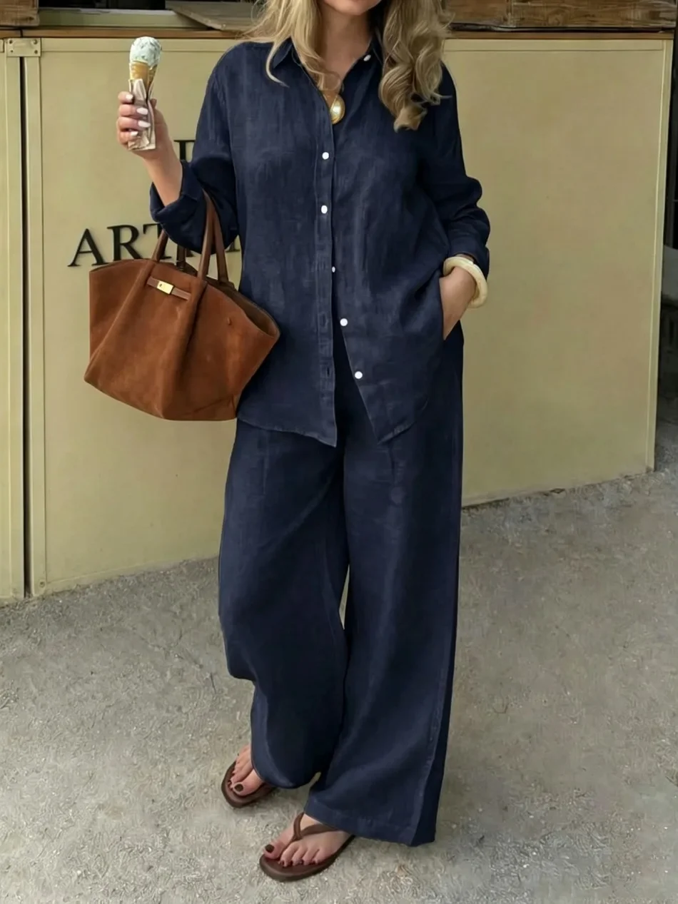 Damen Einfaches Elegantes Hemd mit Revers Zweiteiler Herbst Langarmhemd Damen Lässiges Einfarbiges Loses Outfit mit Weiten Hosen – Detail 5