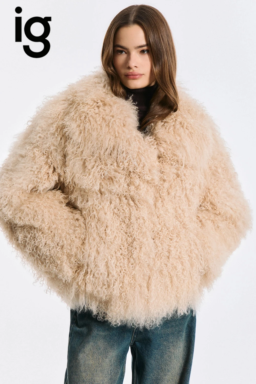 IG 2026 Women V Neck Curly Faux Sheep Fur Jacket Oversized Loose Long Sleeve Soft Warm Winter Daily Trendy Street Outer Coat