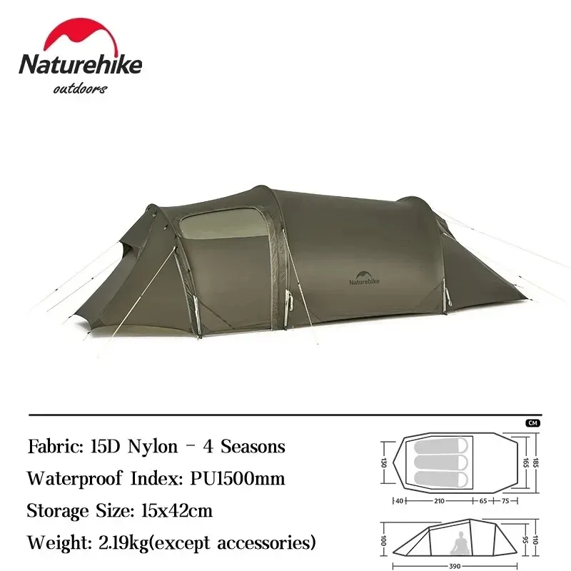 Naturehike Opalus Tunnel Tent 2-3 Persoons Lichtgewicht 15D Nylon Wandel Tent Ruime Buitentent Kamperen Reizen 4 Seizoenen Tent