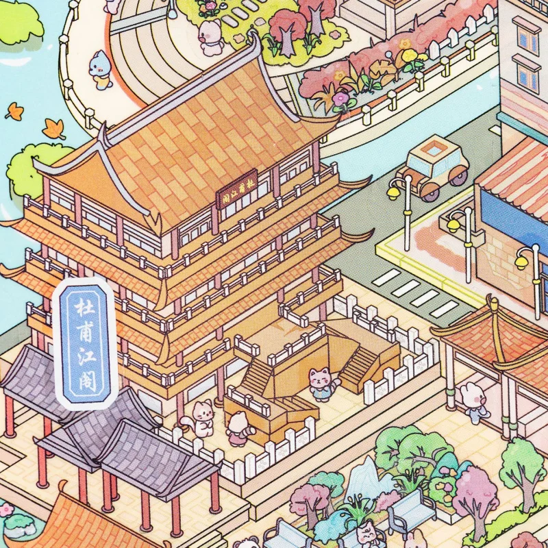 مجموعة ملصقات منظر طبيعي المدينة الصينية ثلاثية الأبعاد مكونة من 4 قطع، تصميمات ثلاثية الأبعاد مفصلة لآليس كوانزاي من تشنغدو